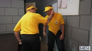 Muscular Manager Sucks & Rides Employee's Big Dick Bareback in Burger Shop