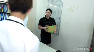 Asian Office Orgy Bareback Threesome: Suit & Tie Creampie with Delivery Guy